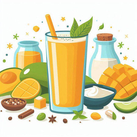 Mango smoothie in a glass and ingredients. Vector illustration.のイラスト素材