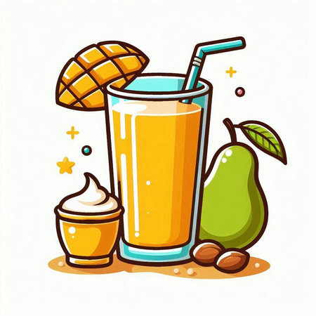 Mango smoothie with ice cream and fruits. Vector illustration.のイラスト素材
