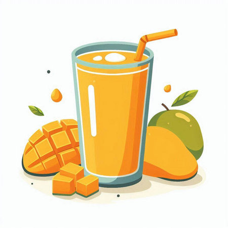 Mango juice in a glass with a straw. Vector illustration.のイラスト素材