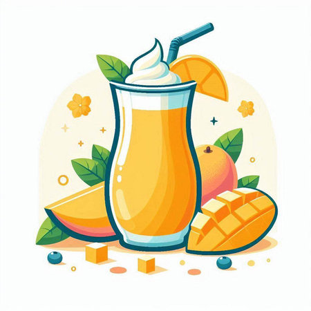 Mango juice in a glass with a straw. Vector illustration.のイラスト素材