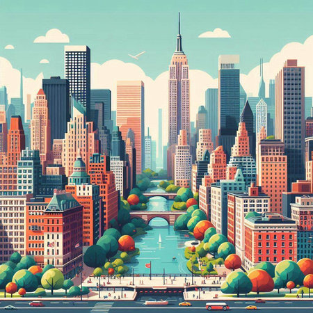 New York City skyline with skyscrapers and river. Vector illustrationのイラスト素材
