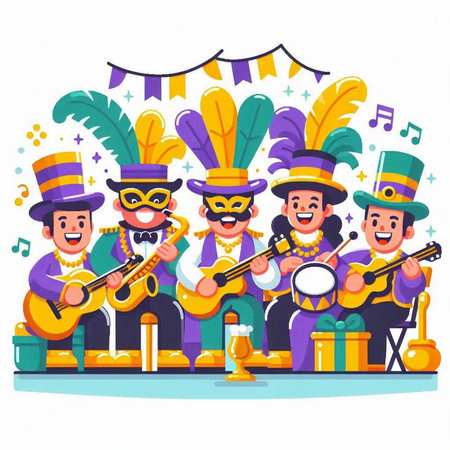 Mardi Gras party vector illustration. Cartoon carnival clowns in costumes playing musical instruments.のイラスト素材