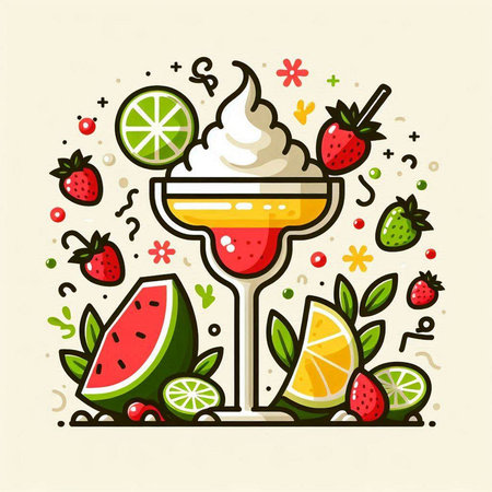Cocktail with ice cream, lime, strawberry and mint. Vector illustration.のイラスト素材