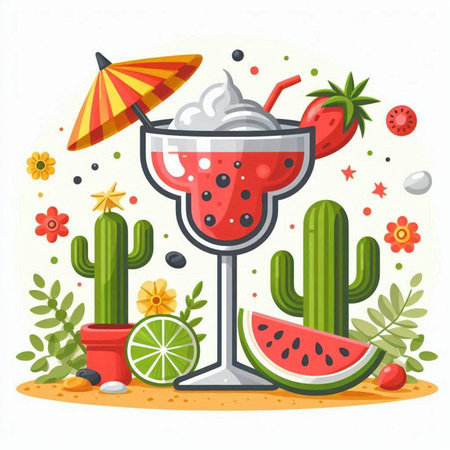 Summer Cocktail with watermelon, lime, ice cream and umbrella. Vector illustrationのイラスト素材