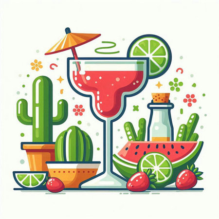 Cocktail with watermelon and lime. Vector illustration in flat styleのイラスト素材
