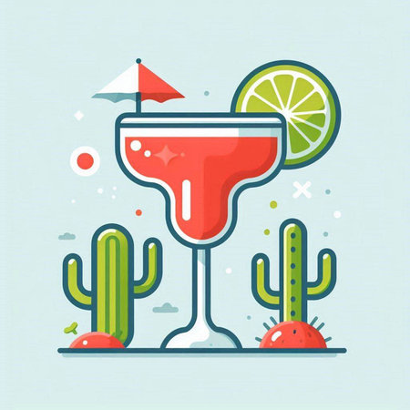 Cocktail with lime and cactus. Flat style vector illustration.のイラスト素材