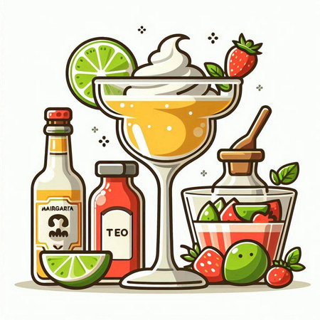 Fruit cocktail with ice cream, strawberry, lime and tequila. Vector illustration.のイラスト素材