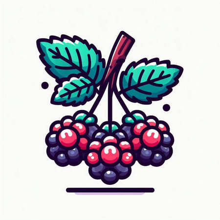 Bunch of ripe blackberries with green leaves. Vector illustration.のイラスト素材