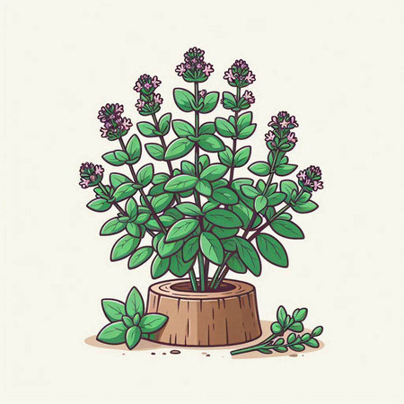 Oregano plant in a pot. Hand drawn vector illustration.のイラスト素材