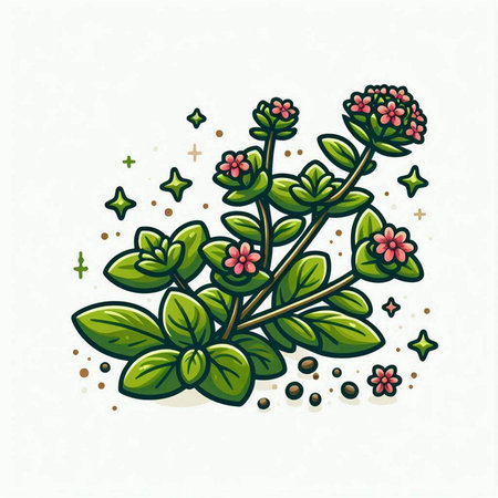 Mint branch with flowers, leaves and stars. Vector illustration.のイラスト素材