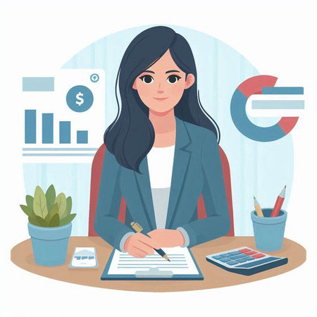 Businesswoman sitting at office desk and signing contract. Vector illustration.のイラスト素材