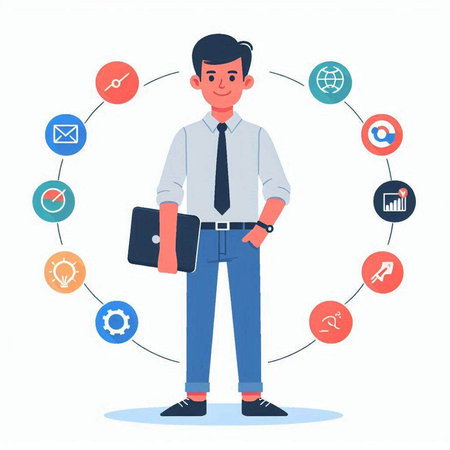 Businessman with laptop and business icons. Vector illustration in flat styleのイラスト素材
