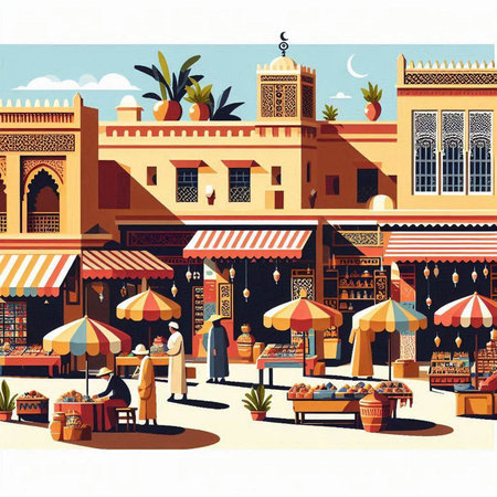 Vector illustration of traditional moroccan market with shops and restaurants.のイラスト素材