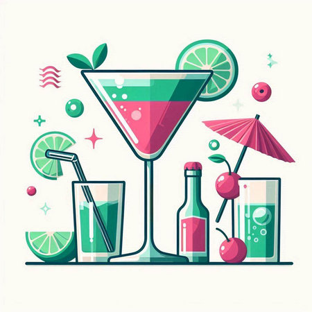 Cocktail drink with lime and cherry. Vector illustration in flat styleのイラスト素材