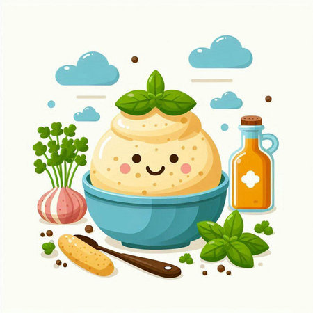Vector illustration of a bowl with kawaii tofu and ingredients for cooking.のイラスト素材