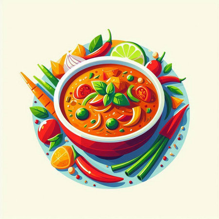 Thai spicy soup in bowl. Vector illustration on white background.のイラスト素材