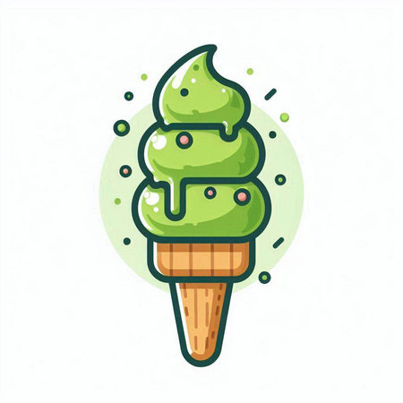 Green ice cream in waffle cone isolated on white background. Vector illustration.のイラスト素材