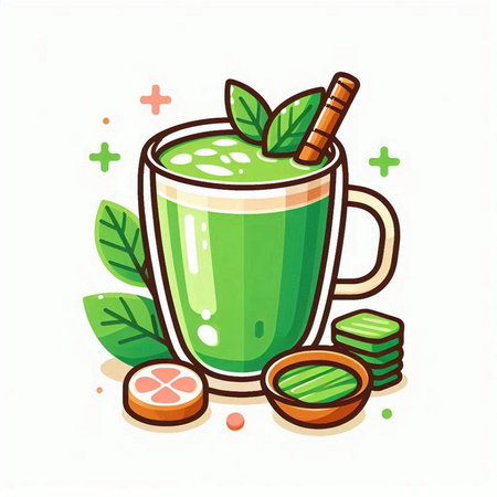 Matcha latte. Green tea in a mug with a straw and mint leaves. Vector illustration.のイラスト素材