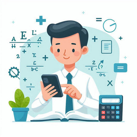 Businessman with smartphone and calculator. Flat style modern vector illustration.のイラスト素材