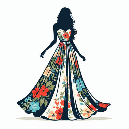 Beautiful woman in a long dress with flowers. Vector illustration.のイラスト素材