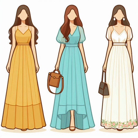 Illustration of Women Wearing Elegant Dresses and Accessoriesのイラスト素材