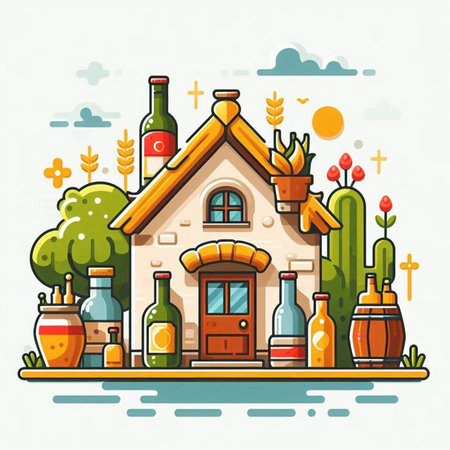 Country house with wine bottles. Vector illustration in flat cartoon style.のイラスト素材