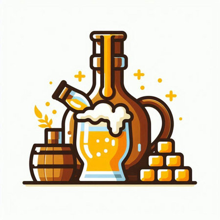 Beer bottle, barrel, glass of beer and keg on white background. Vector illustration.のイラスト素材