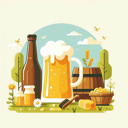 Beer festival vector illustration in flat style. Beer glasses, barrel, honey, hop, wheat ears, sun.のイラスト素材