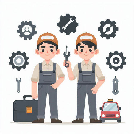 Repairman with tools. Mechanic man with tools. Vector illustration.のイラスト素材