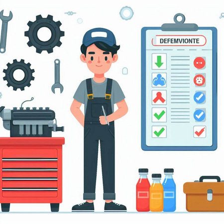 Mechanic man in uniform with tools. Mechanic in overalls with toolbox. Vector flat illustrationのイラスト素材