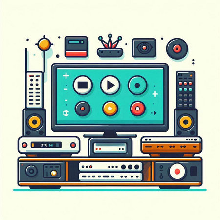 Vector illustration of a TV set with different media and entertainment icons.のイラスト素材