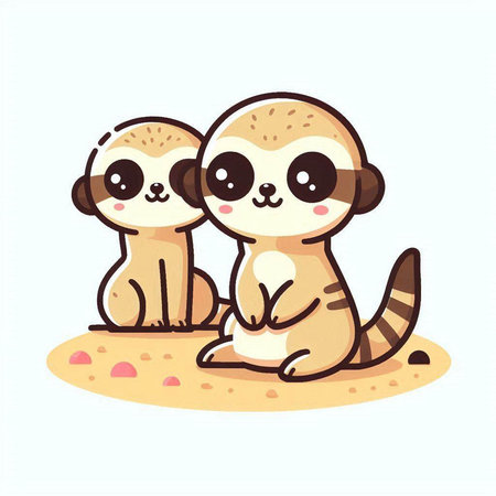 Cute cartoon meerkat couple sitting on sand. Vector illustrationのイラスト素材