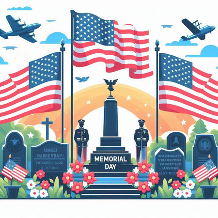 Vector illustration of Memorial Day with American flag, gravestones, airplanes and graves.のイラスト素材