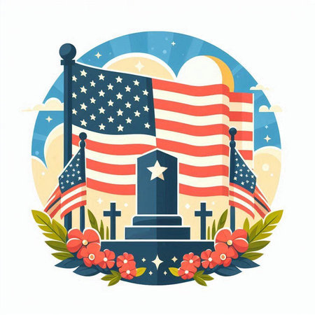 Vector illustration of american cemetery with american flag and flowers.のイラスト素材
