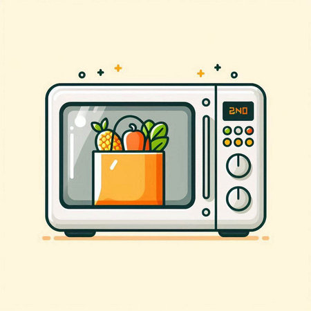 Vector illustration of microwave oven with fruits and vegetables in cartoon style.のイラスト素材