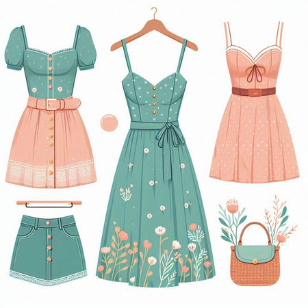 Set of elegant women's dresses with floral elements. Vector illustration.のイラスト素材