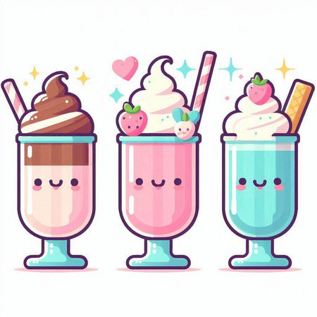 Cute Kawaii milkshakes. Vector illustration in cartoon styleのイラスト素材