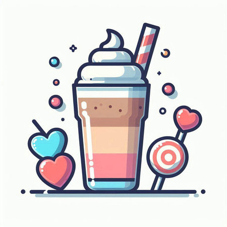 Coffee cup with ice cream, lollipop, heart and candy. Vector illustration.のイラスト素材
