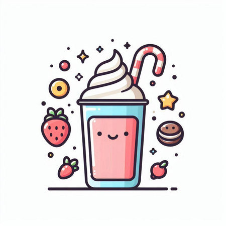 Strawberry milkshake in a glass with sweets. Vector illustration.のイラスト素材