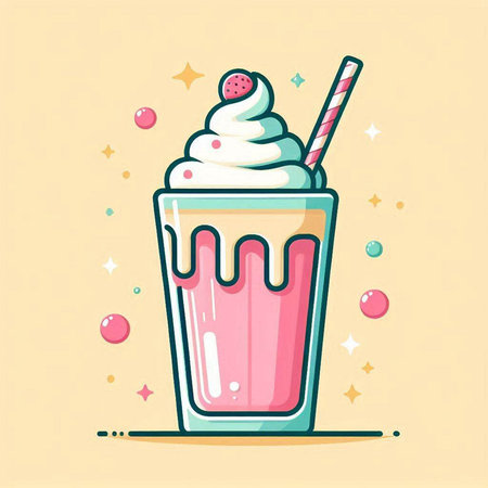 Pink milkshake with whipped cream and candy. Vector illustration.のイラスト素材