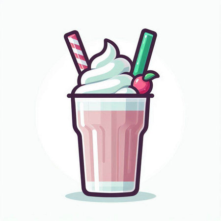 Milkshake with whipped cream, cherry and straw. Vector illustration.のイラスト素材