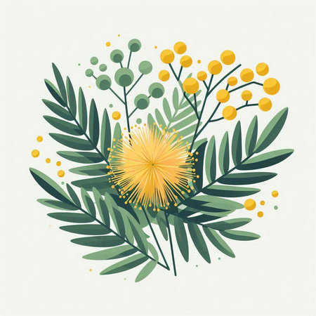 Flowering branch of mimosa with yellow flowers. Vector illustration.のイラスト素材
