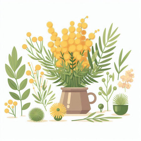 Mimosa flowers in a clay vase. Vector illustration.のイラスト素材