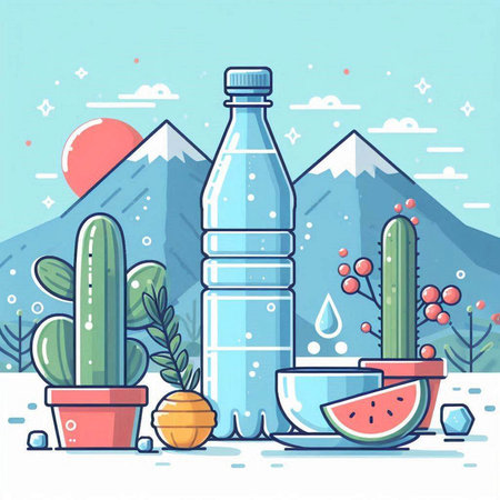 Vector illustration of a bottle of water, watermelon and cactuses in a flat style.のイラスト素材
