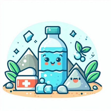 Cute bottle of water and ice cubes. Vector cartoon illustration.のイラスト素材