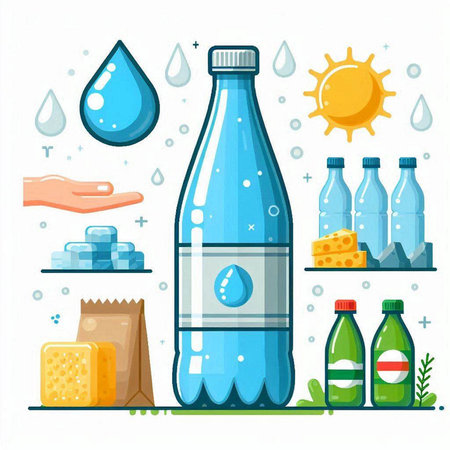 Plastic bottle of water and different types of food. Vector illustrationのイラスト素材