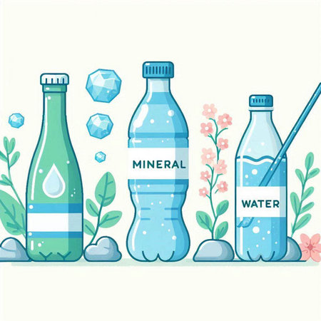 Bottle of mineral water with ice cubes and plants. Vector illustration.のイラスト素材
