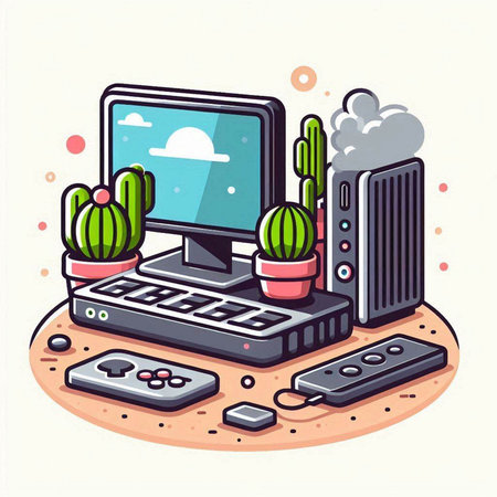 Flat isometric vector illustration of a computer with cactus and remote controlのイラスト素材