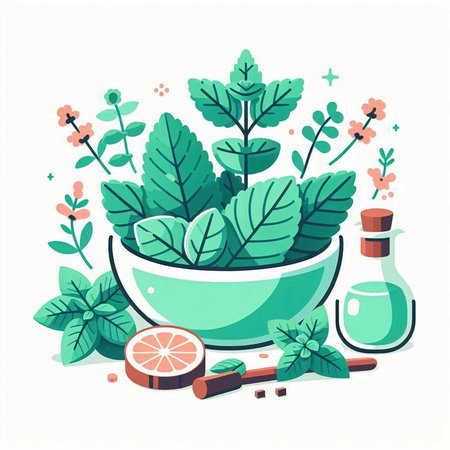 Herbs and spices vector illustration. Herbs in mortar and pestle.のイラスト素材
