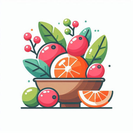 Citrus fruits in a bowl with leaves. Vector illustration.のイラスト素材